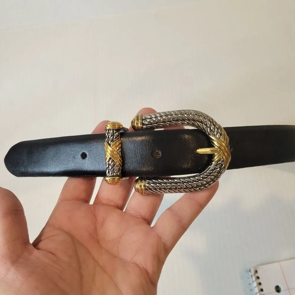 Millennium Black Leather Belt Silver & Gold Tone Rope Buckle Size Small